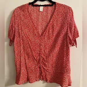 H&M Floral Red Ditsy Pattern Ruched Top 8